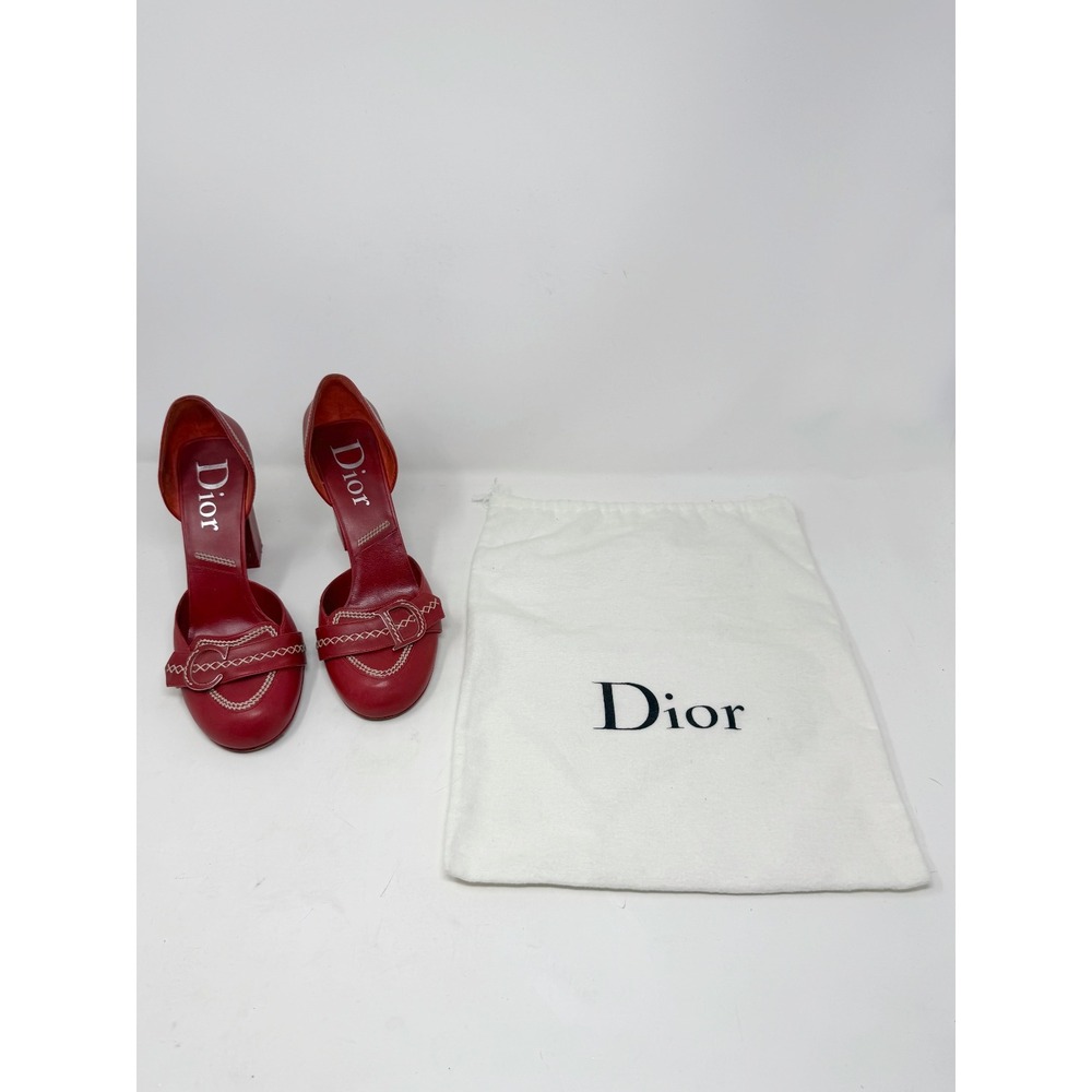 Dior Spring 2005 Red Leather Whipstitch CD Buckle dOrsay Block Heels 41 - Picture 11 of 12